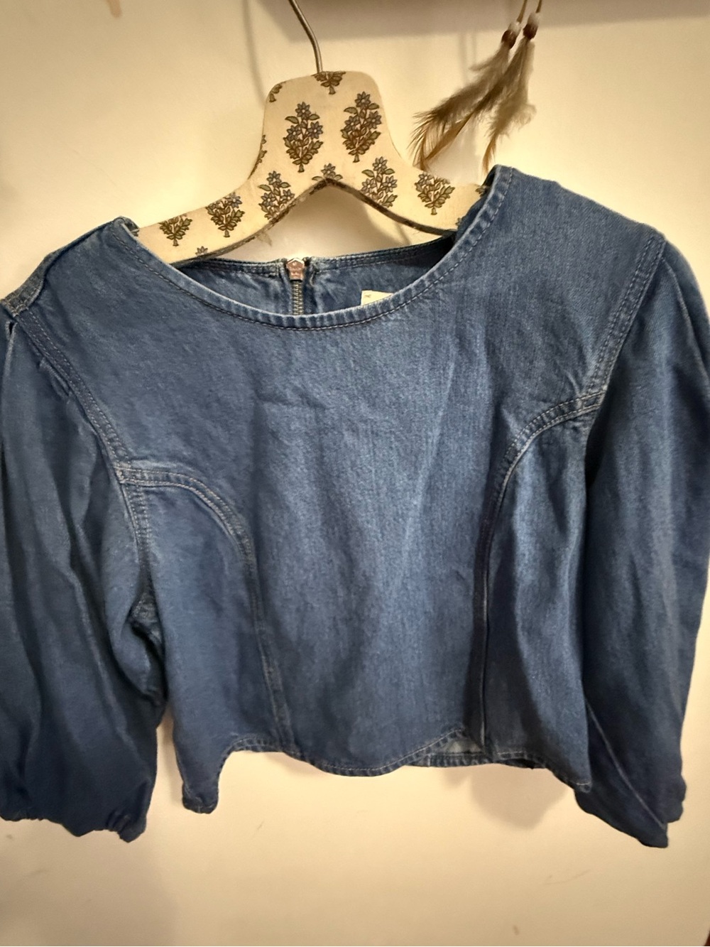 Denim Crop Top Blouse Puff Sleeve Back Zip Blue M NWT $198